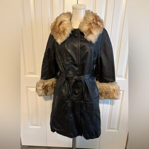 Vintage Penny Lane Black Leather Coat Brown & Cream Faux Fur Trim, Size 8, GUC